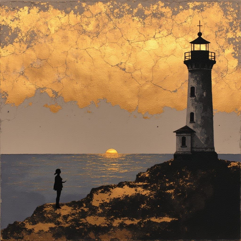 Golden Lighthouse with Solitary Figure, Contemplative Solitu...