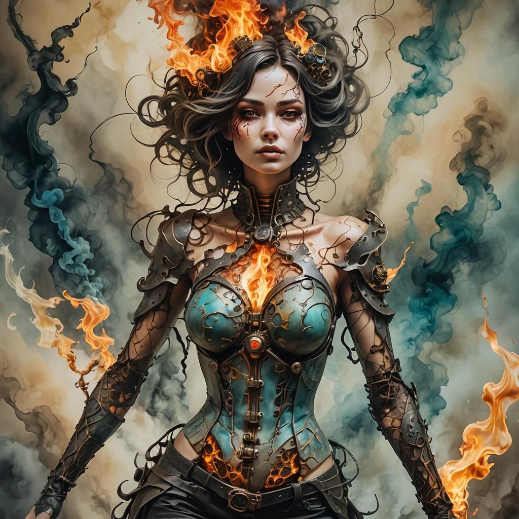 Ethereal Transformation: Flame to Flesh in Alcohol Ink Style