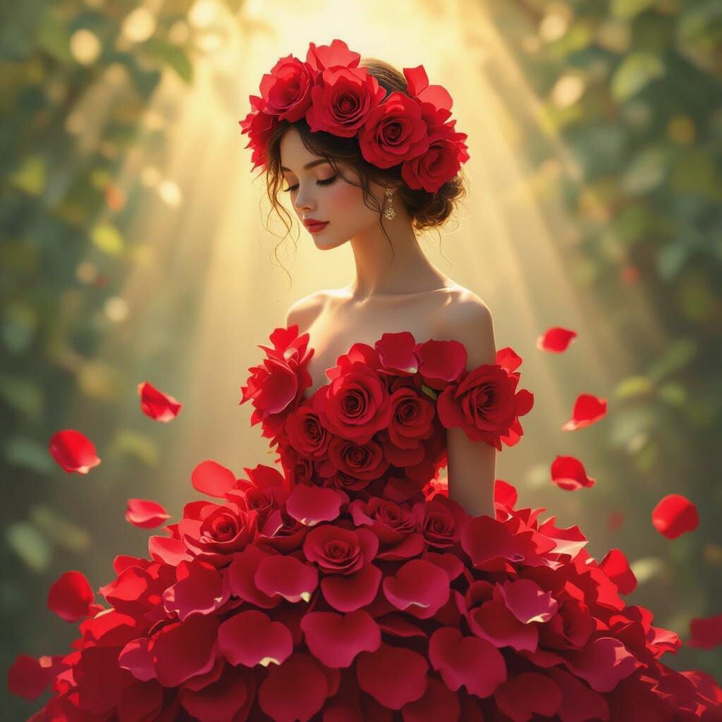 Woman Made of Crimson Rose Petals in Golden Light