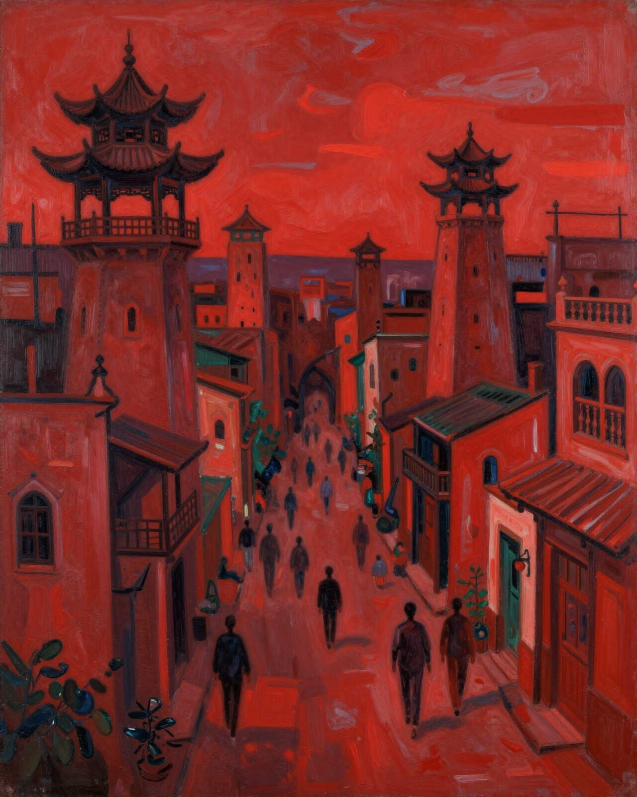 An expressionist red-drenched oriental metropolis
