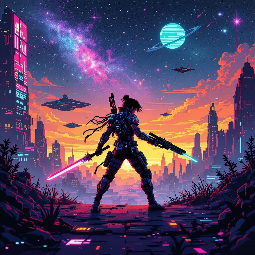 Cyberpunk Warrior in Retro 8-Bit Pixel Galaxy