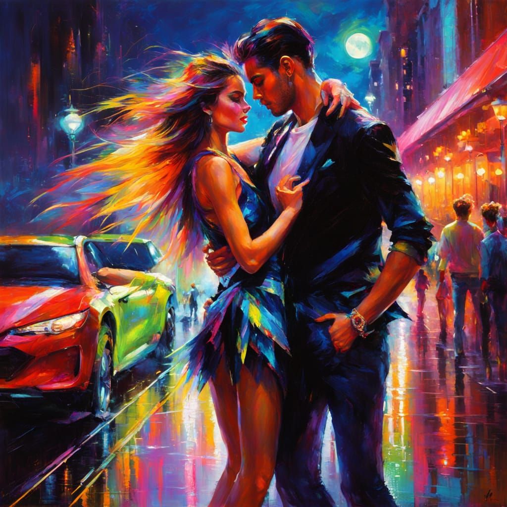 Dazzling Neon Fantasy Portrait of a Dancing Couple