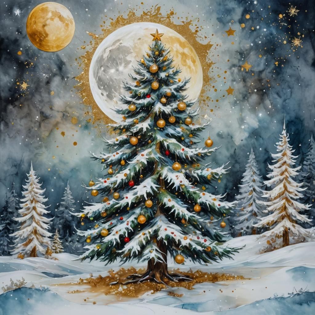 Snowy Christmas Tree with Moon in Alcohol-Ink Marbling