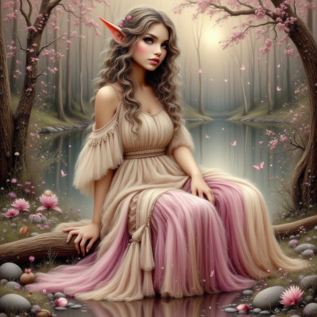Elegant Elven Woman in Ombre Gown by River
