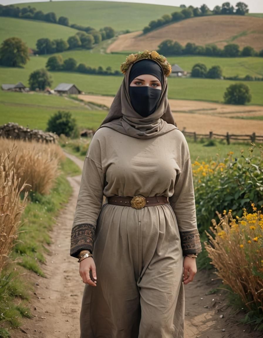 Neolithic Woman in Niqab Portrait in Watercolor Style