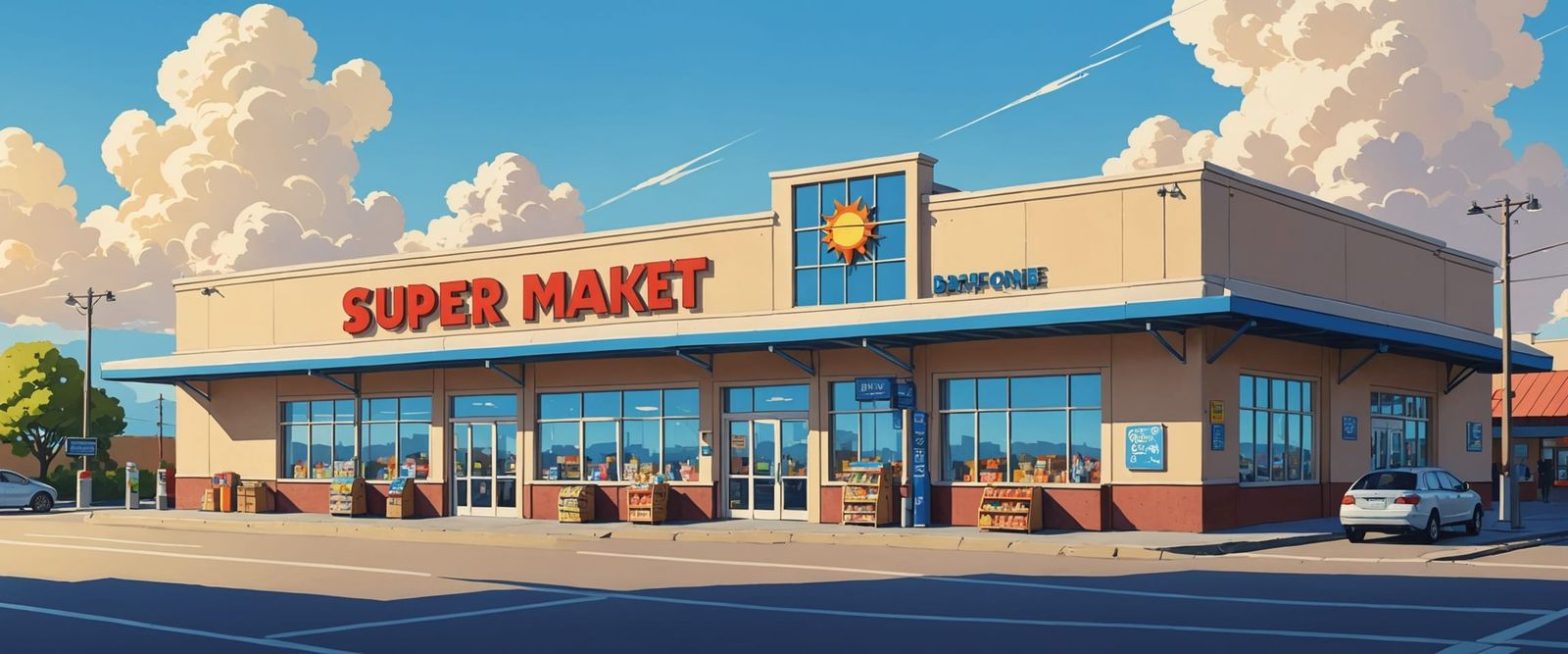 Supermarket in Daylight, Gouache Style