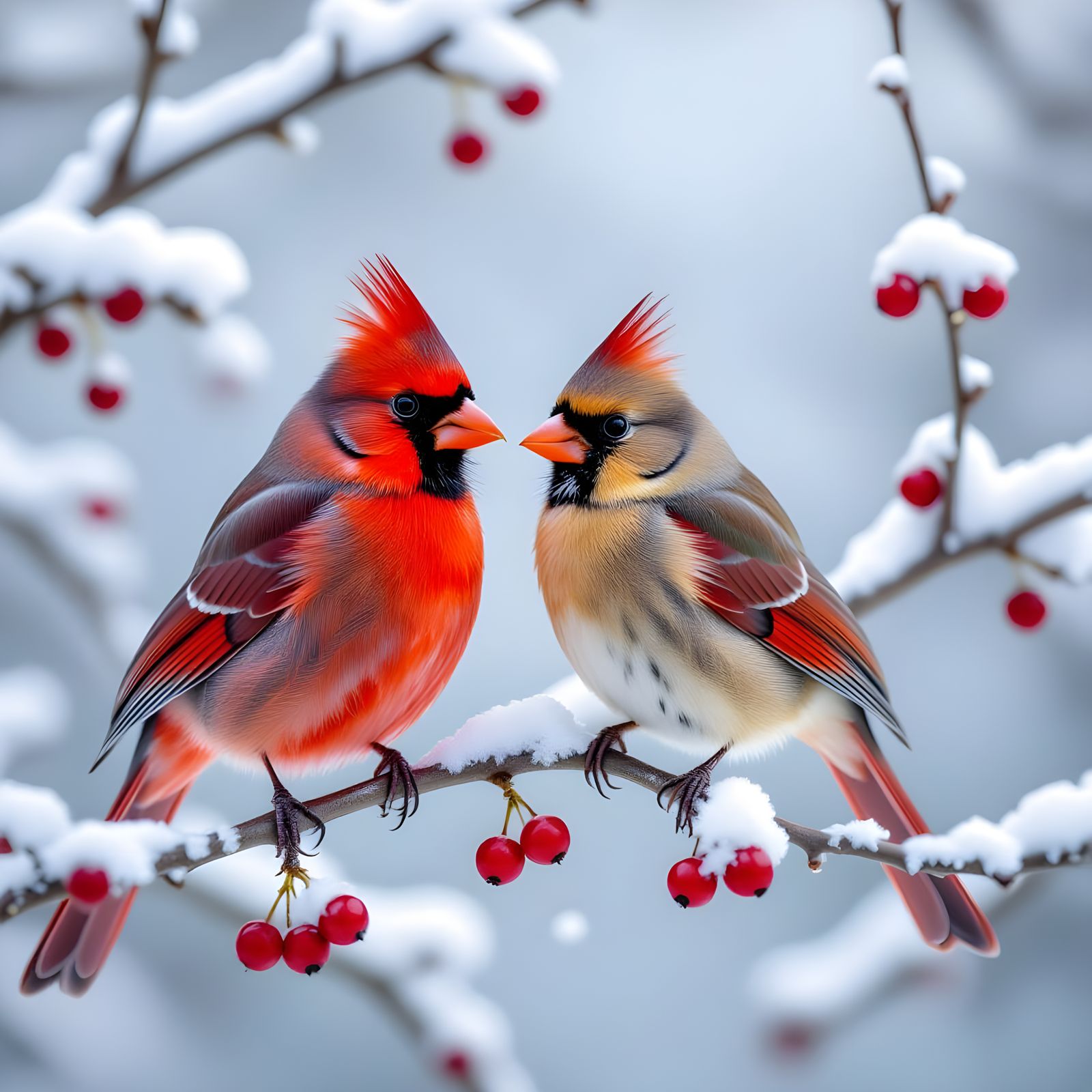 Male and Female Cardinals on Snowy Berry Branch