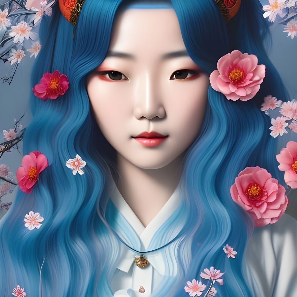 Blue-Haired Japanese Girl Portrait in Surrealist Style