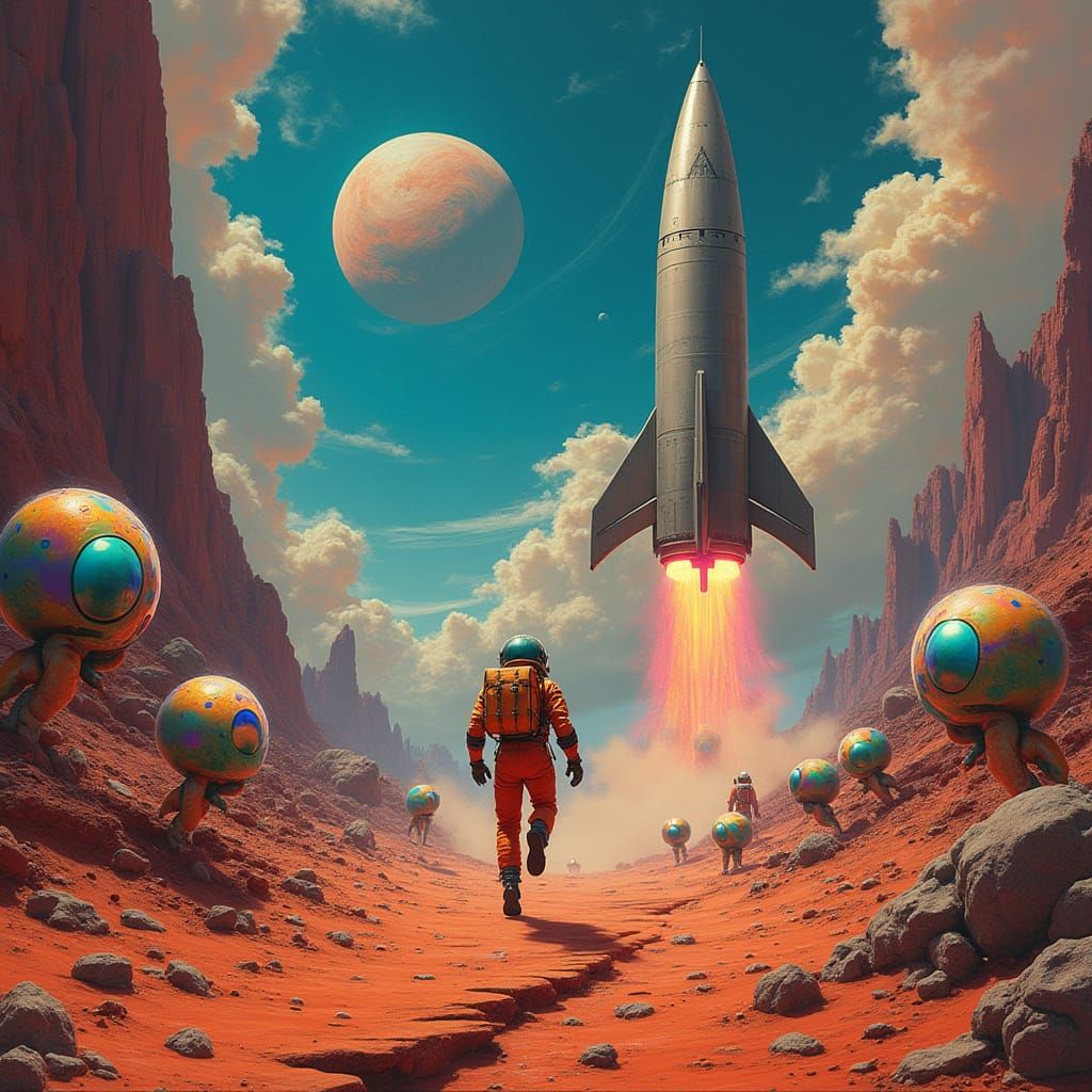 Retro-Futuristic Astronauts Land on Mars Amidst Whimsical, R...