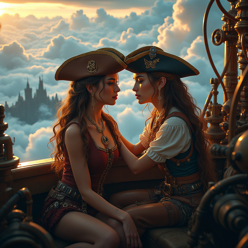 Steampunk Sky Pirates Embrace in Dystopian World