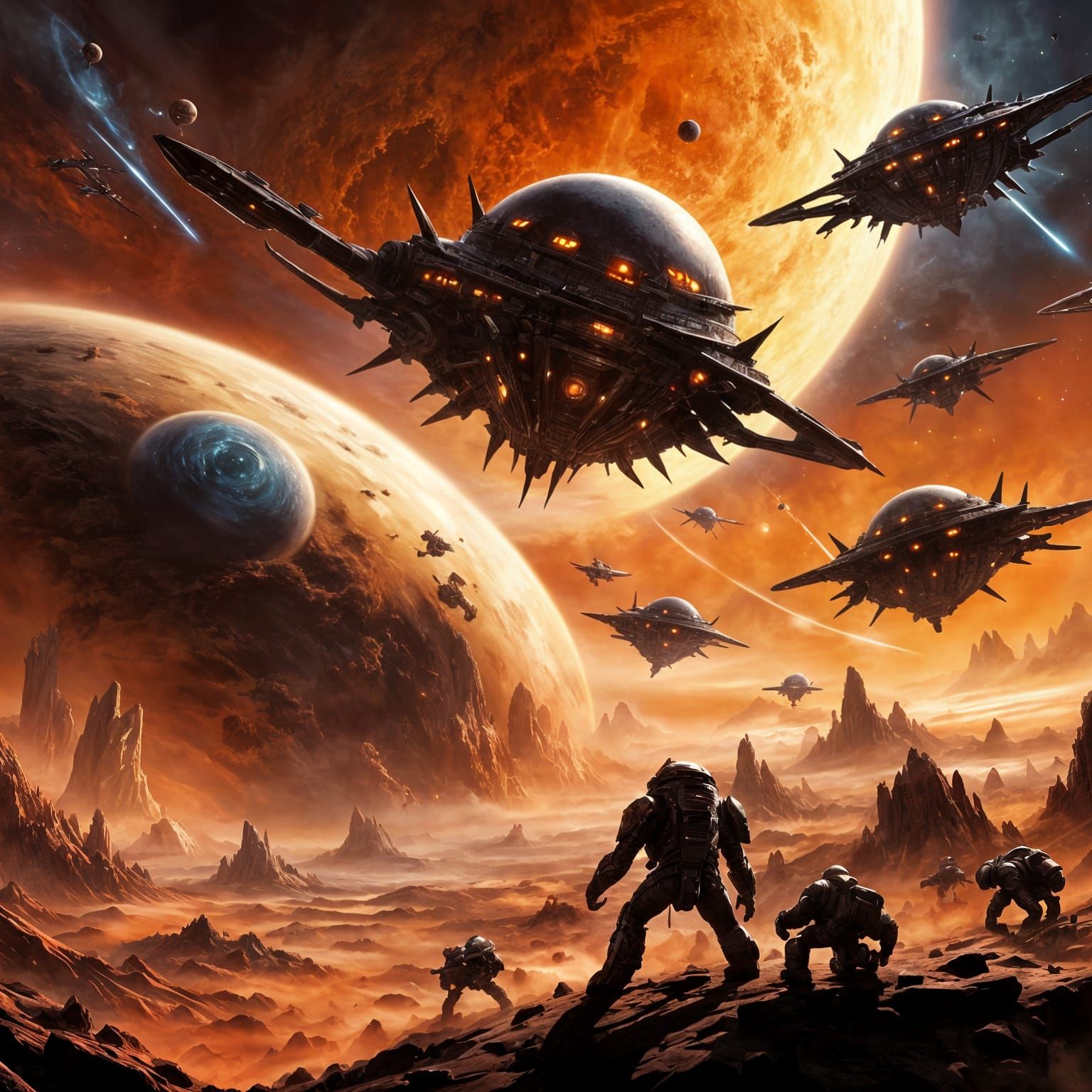Spaceships Confront the Malevolent Planet of the Giant Eyes