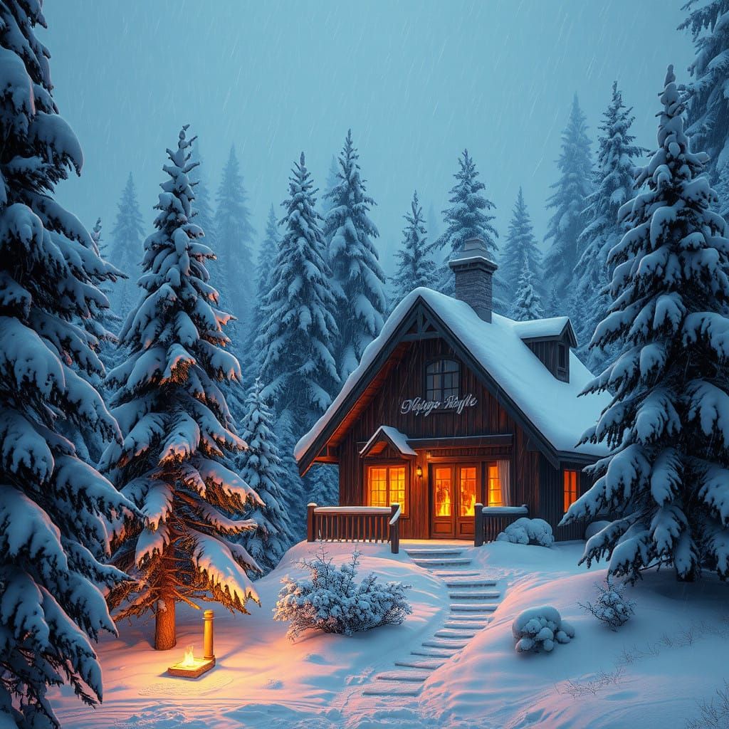 Cozy Cabin Scene Lit by Warm Firelight in Snowy Forest