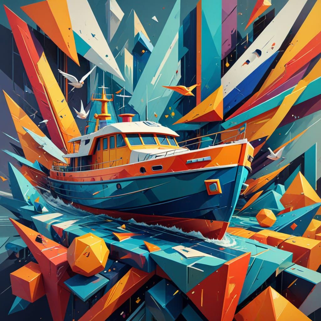 Stylized Boat in Ocean, Cubist Masterpiece with Geometric Fa...