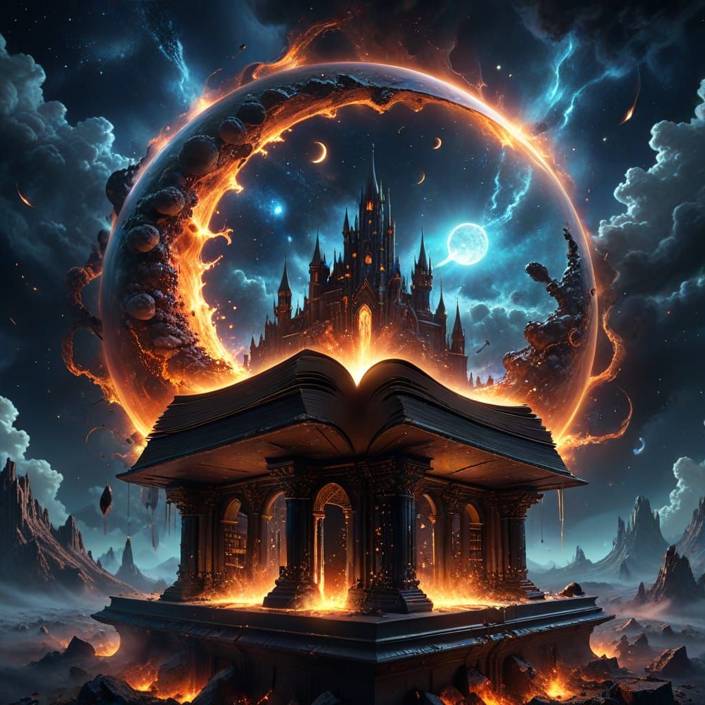 Mystical Grimoire in Cosmic Library, Surreal 3D Scene