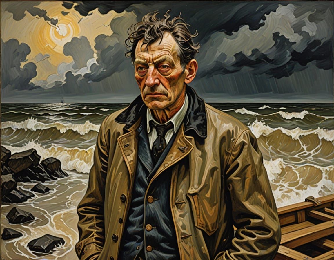 Sailor on a Stormy Sea in Vibrant Impasto Tempera