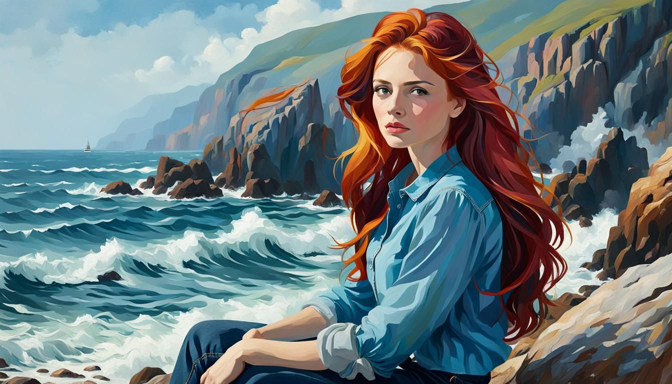 a woman in colorful oil painting style, sitting on a rock near a rough sea, with long red hair, pale lips, wearing a blu...