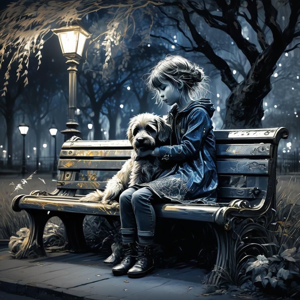 Girl and Puppy in Monochromatic Ink Art