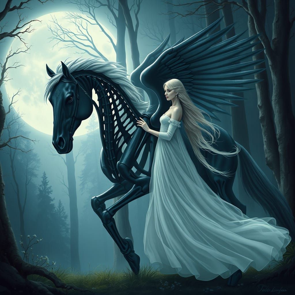 Moonlit Scene: Woman, Pegasus, Dark Forest in Mystical Reali...