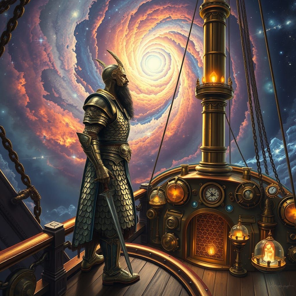 Byzantine Emperor on Steampunk Airship in Cosmic Nebula