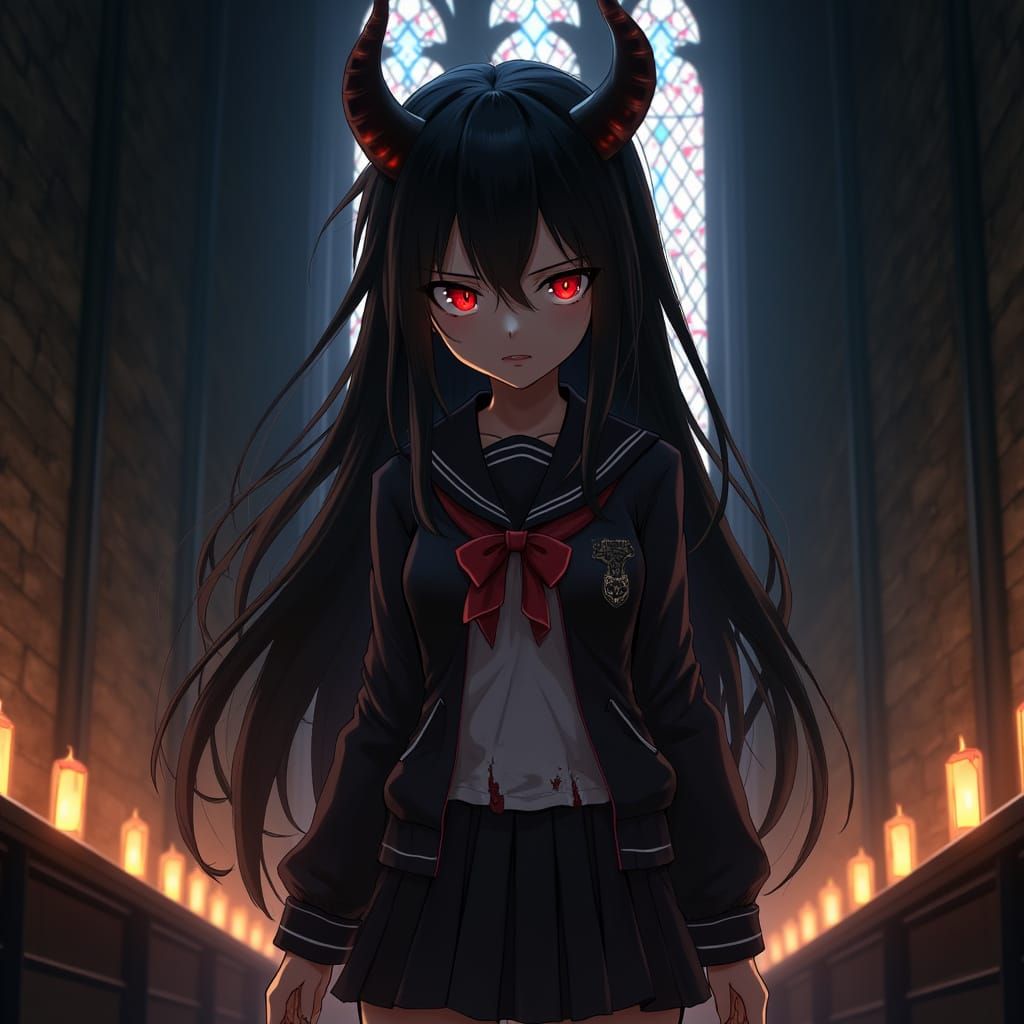 Anime Demon Girl in Dark Gothic Cathedral