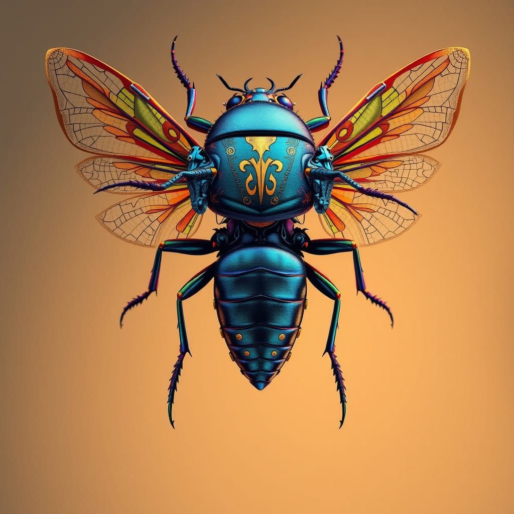 Iridescent Insect with Golden Patterns in a Dreamlike Scene