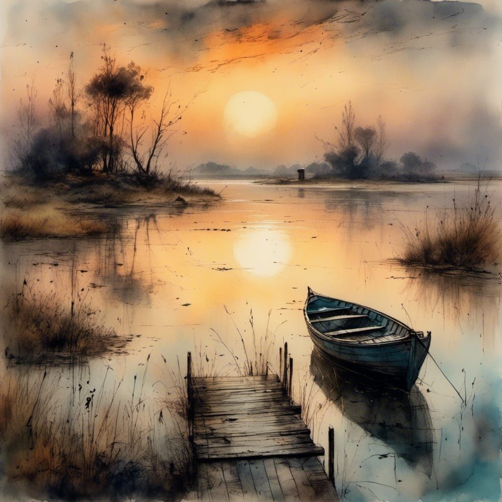 Hyperdetailed Watercolor Marsh at Sunrise on Old Paper