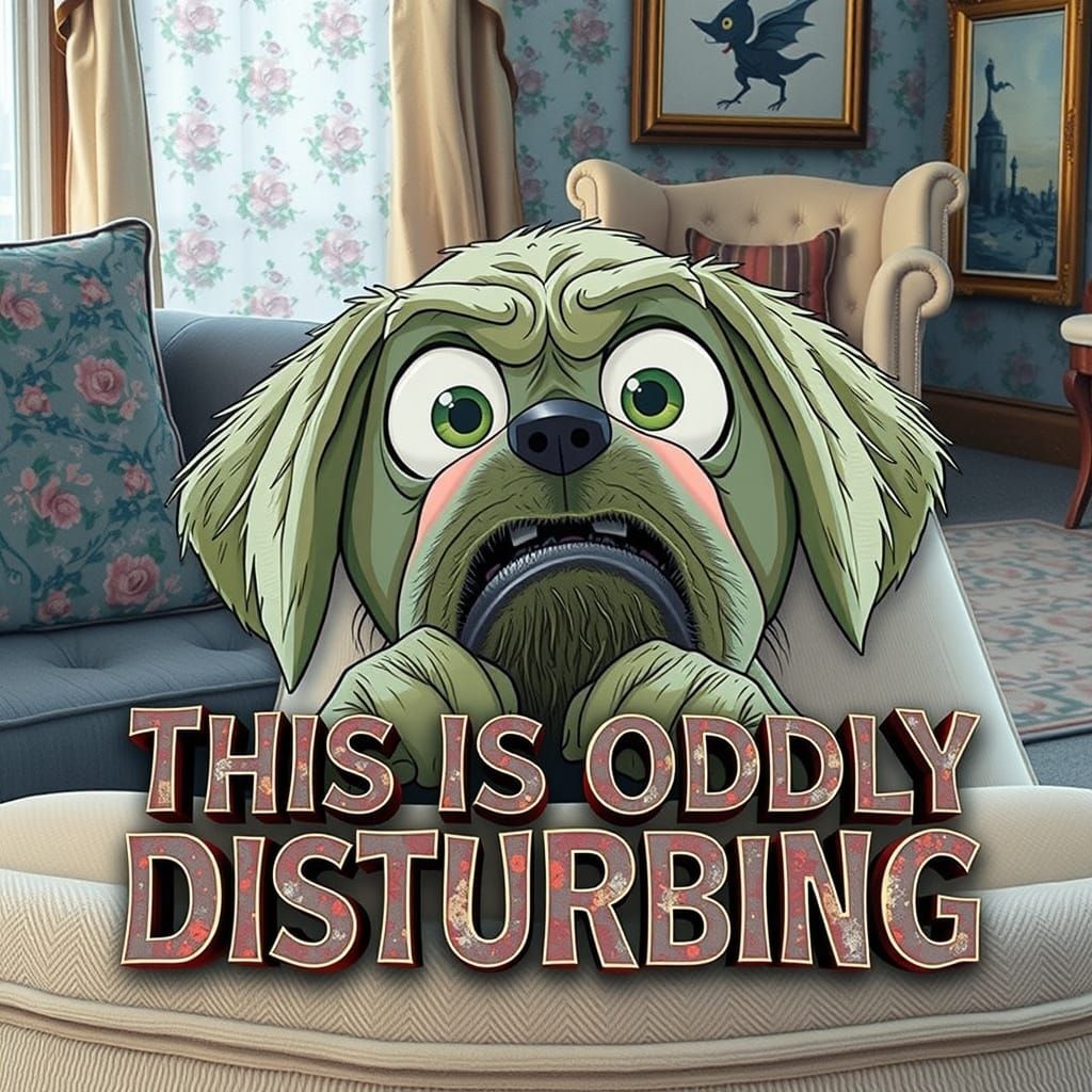 In a cozy living room setting bathed in warm, inviting light, a peculiar, green Pixar-style cartoon puppy sits with a wi...