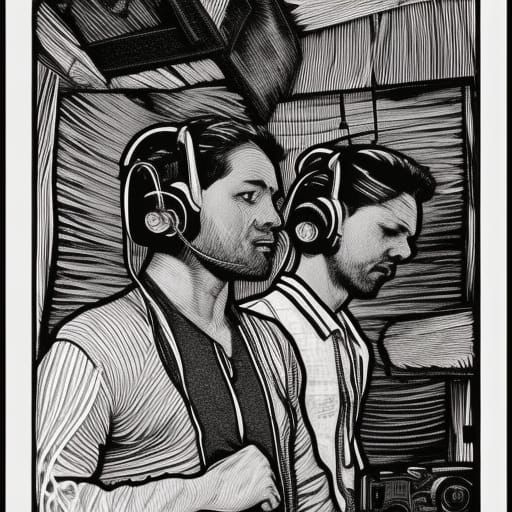 Linocut Portrait of Two Workers Quilting