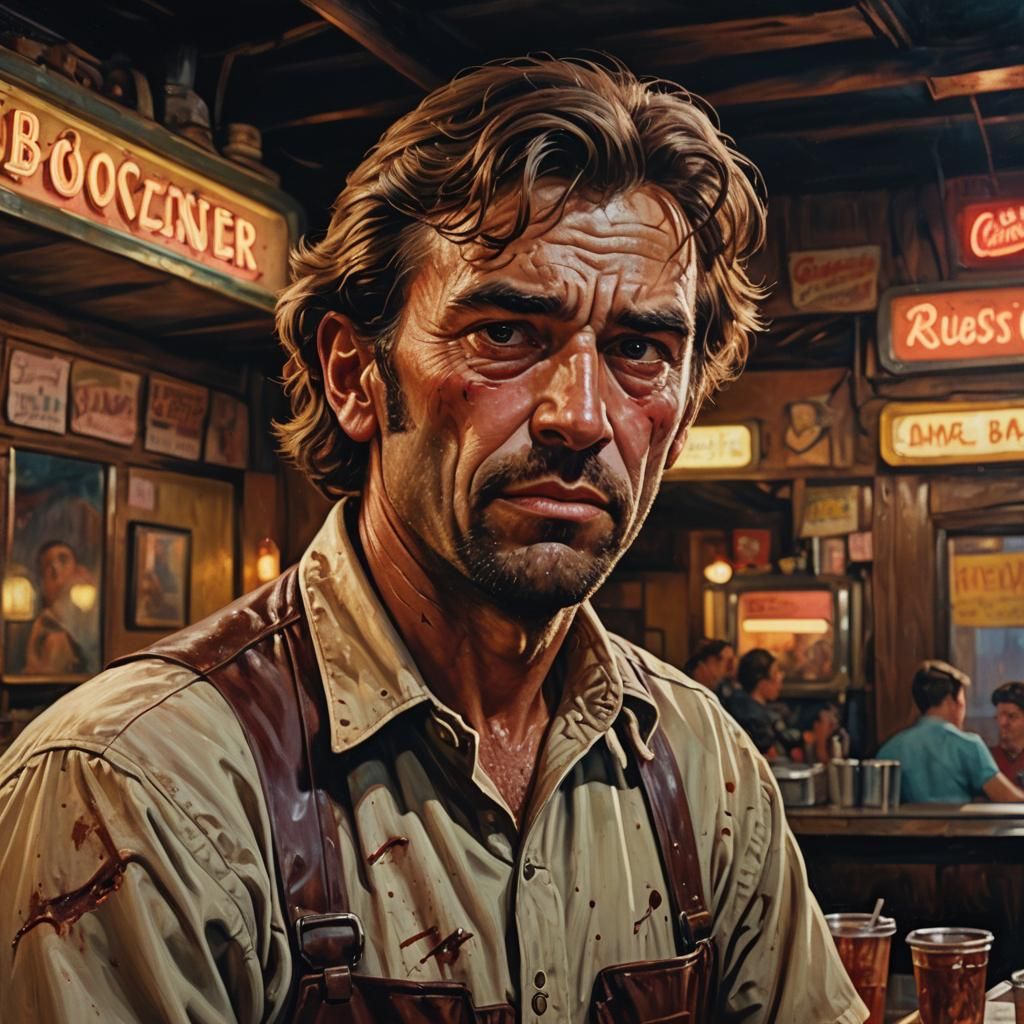 Cinematic Oil Painting of Rural Man in Diner