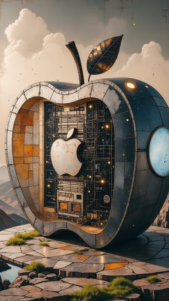 Surreal Futuristic Apple Logo Embedded in High-Tech Apple Co...