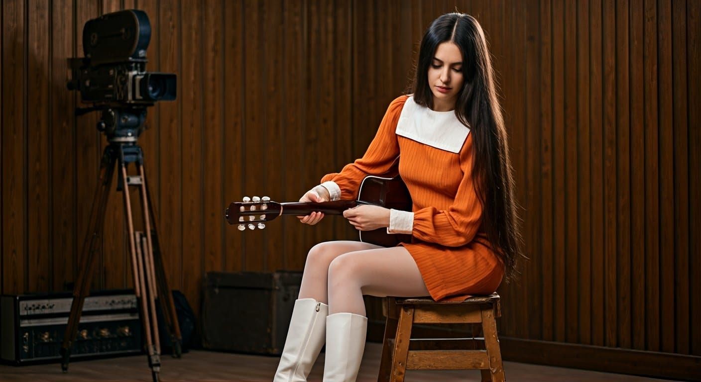 Woman Tuning Guitar in 1970s Film Noir Studio