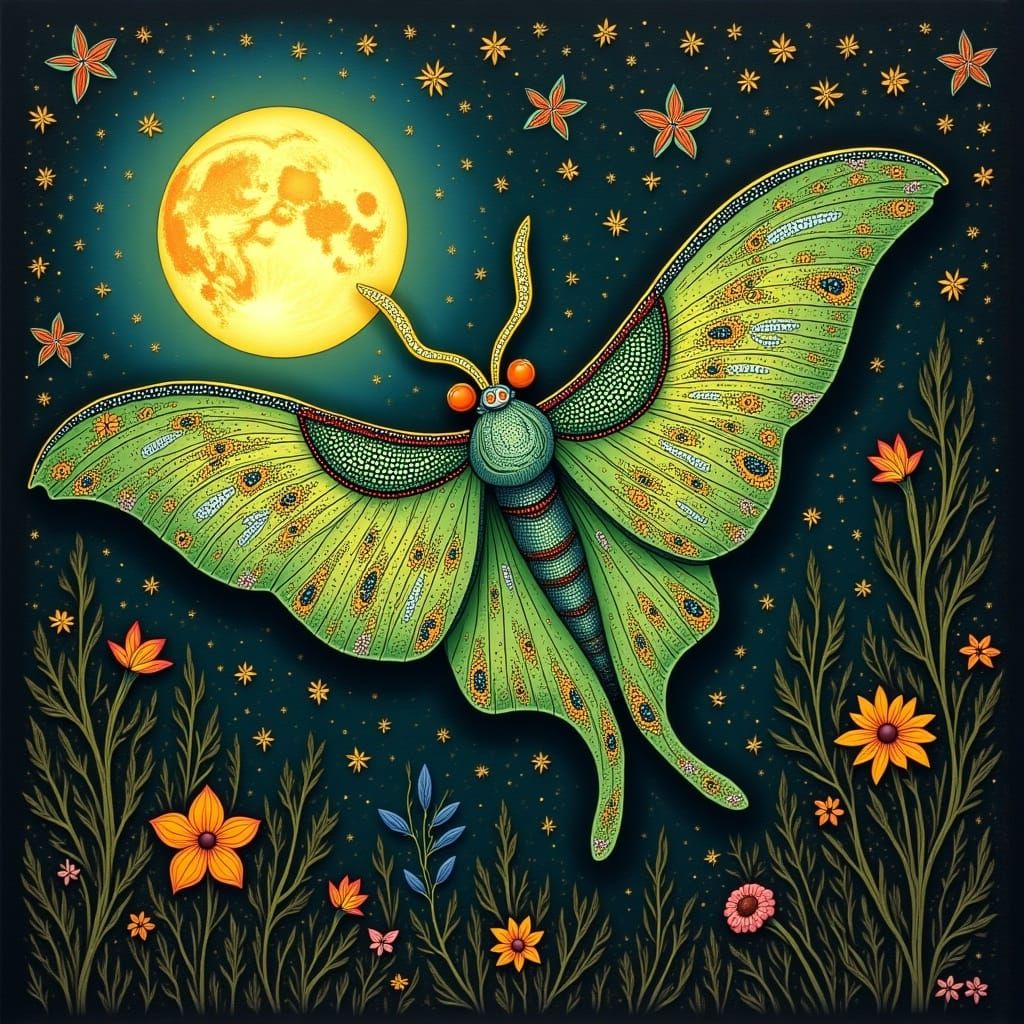 Luminous Luna Moth in Folk Art Style