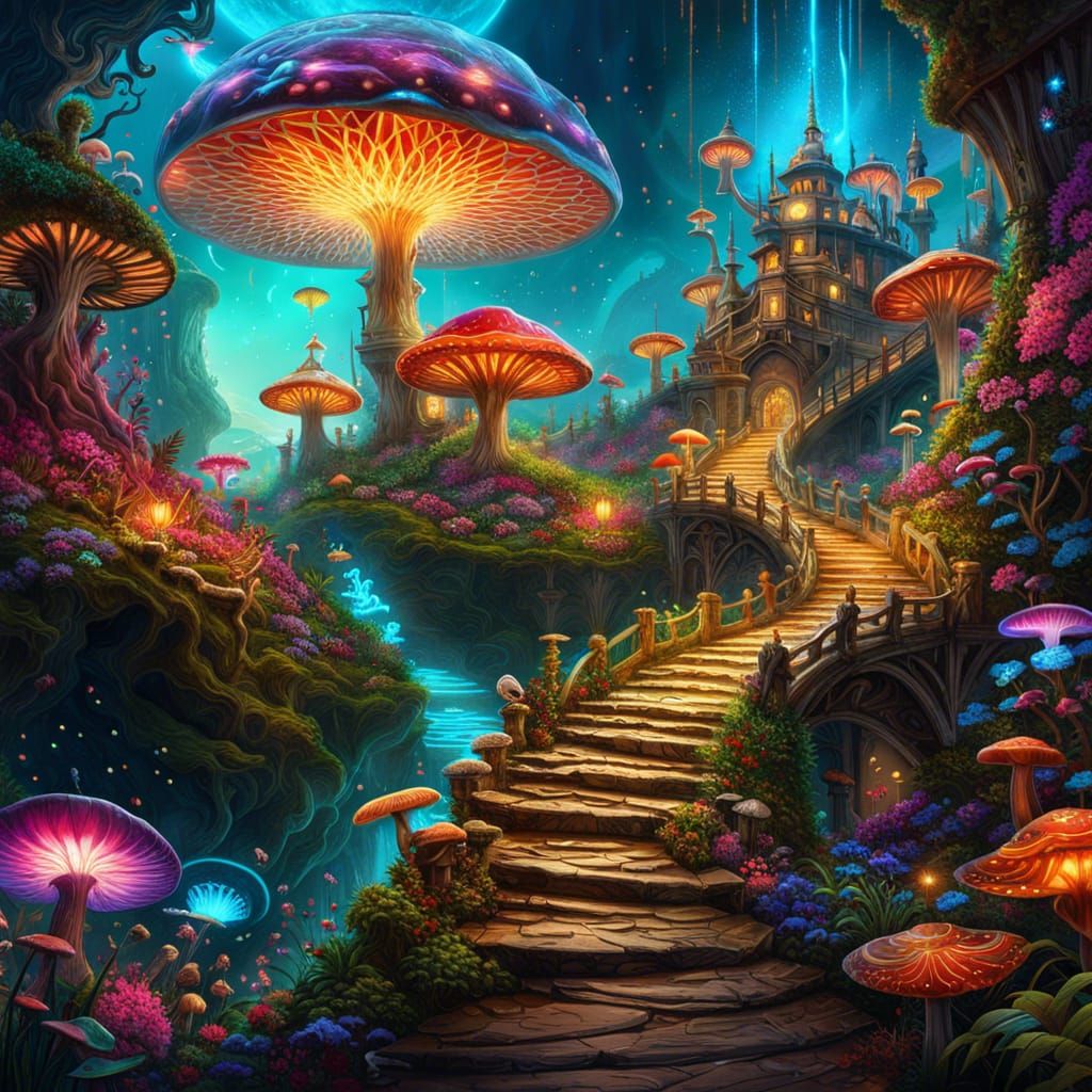 Vivid Fantasy Landscape with Glowing Mushrooms