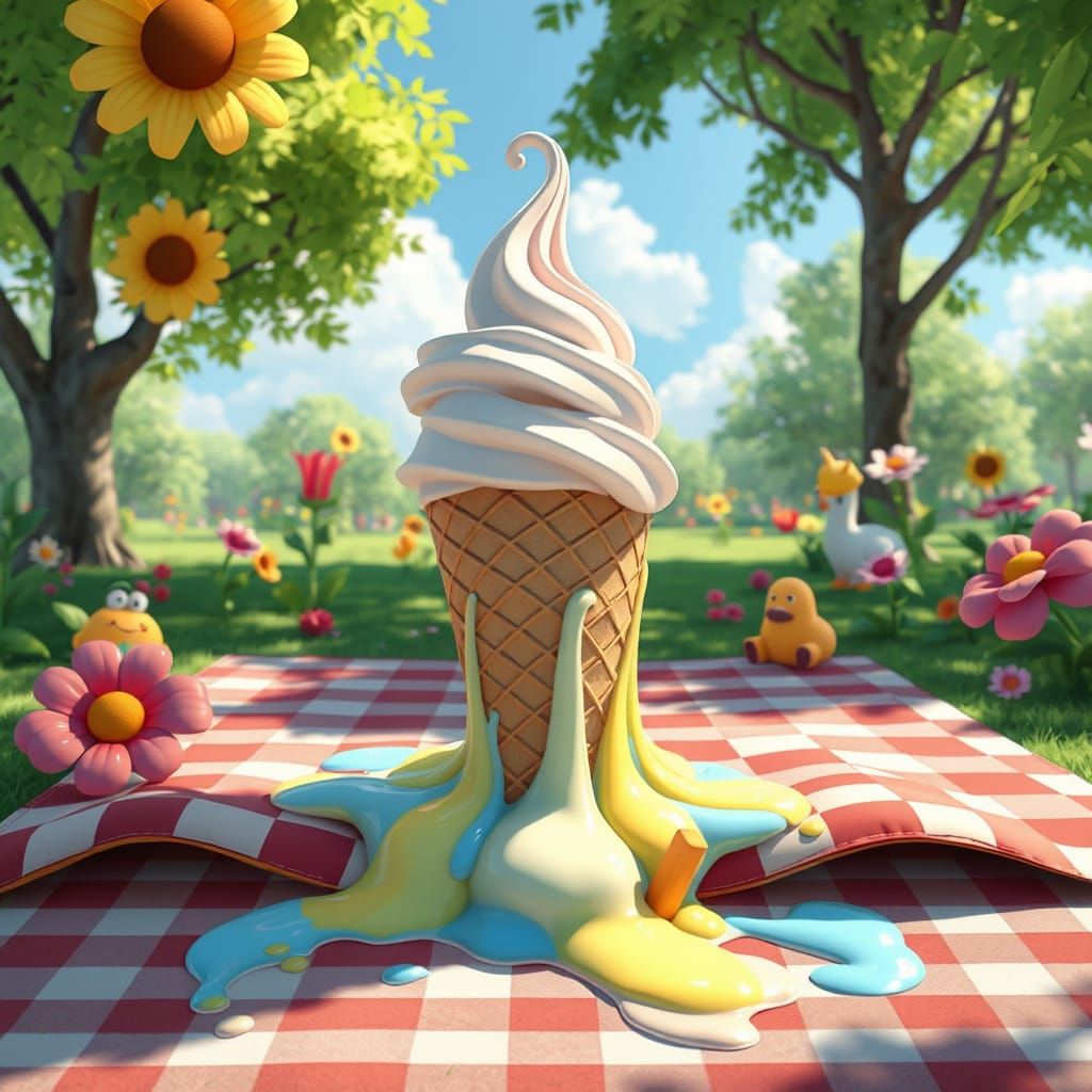 Picture a whimsical scene where a giant ice cream cone is sl...