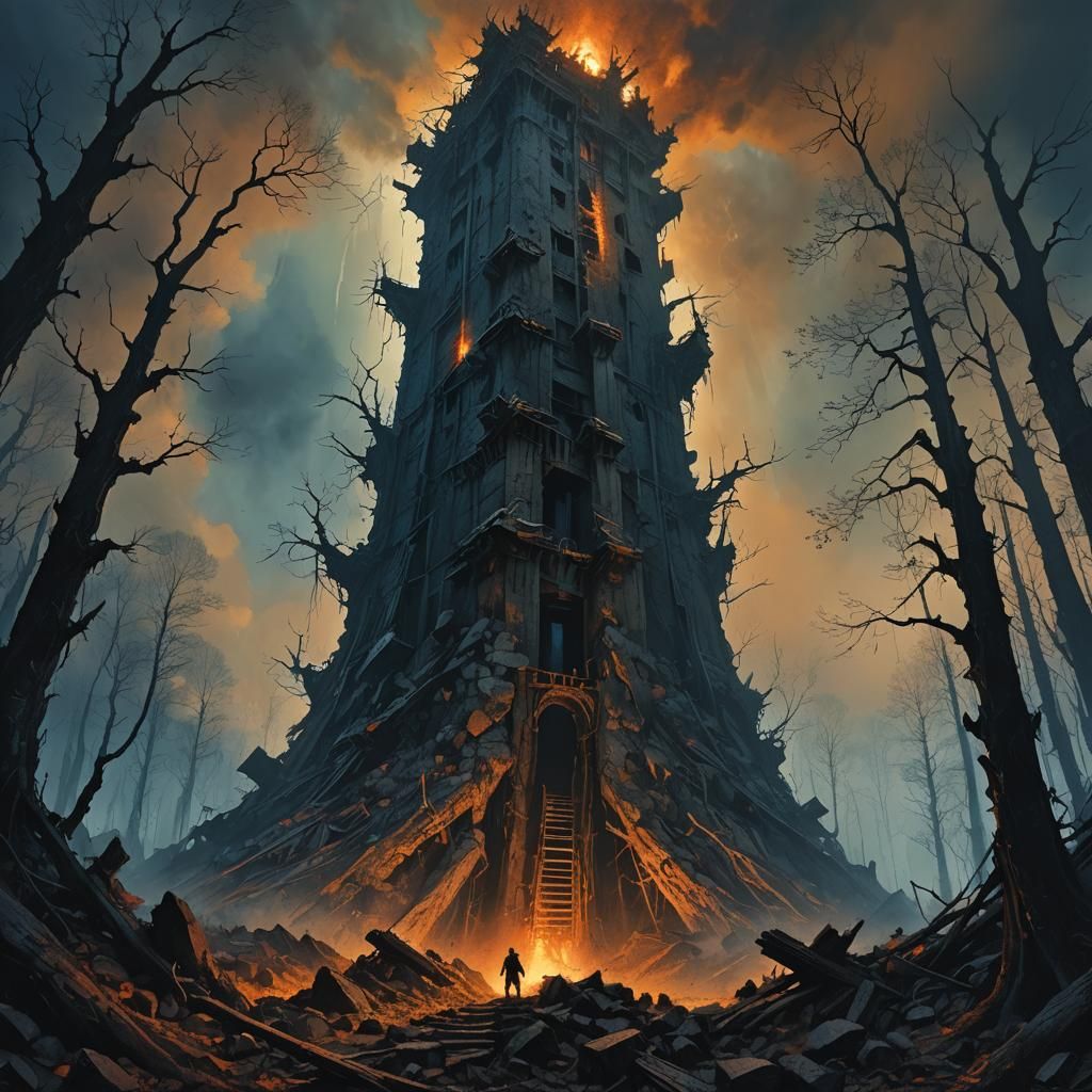 Sinister Tower Collapsing in Mystical Forest