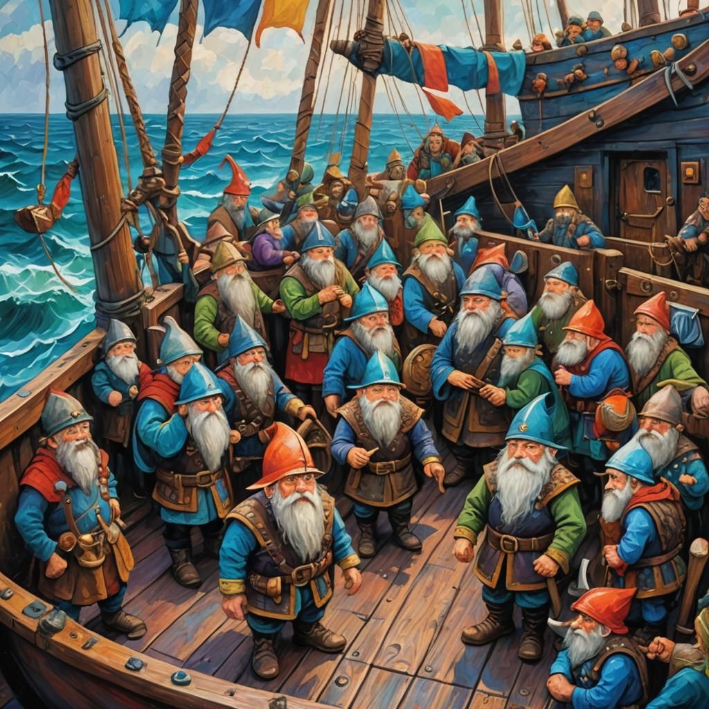 Gnomish Army Sails a Viking Longship: Expressionist Oil Pain...