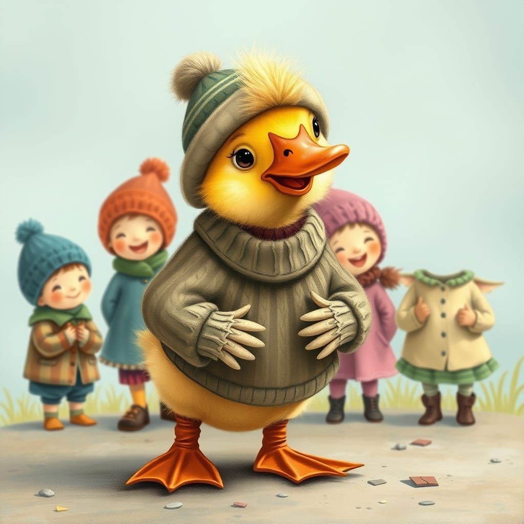 Whimsical Duckling in Tiny Boots with Giggling Siblings