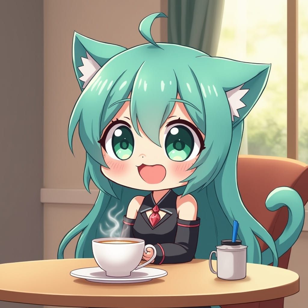Chibi Anime Catgirl Sips Coffee in Joyful Moment