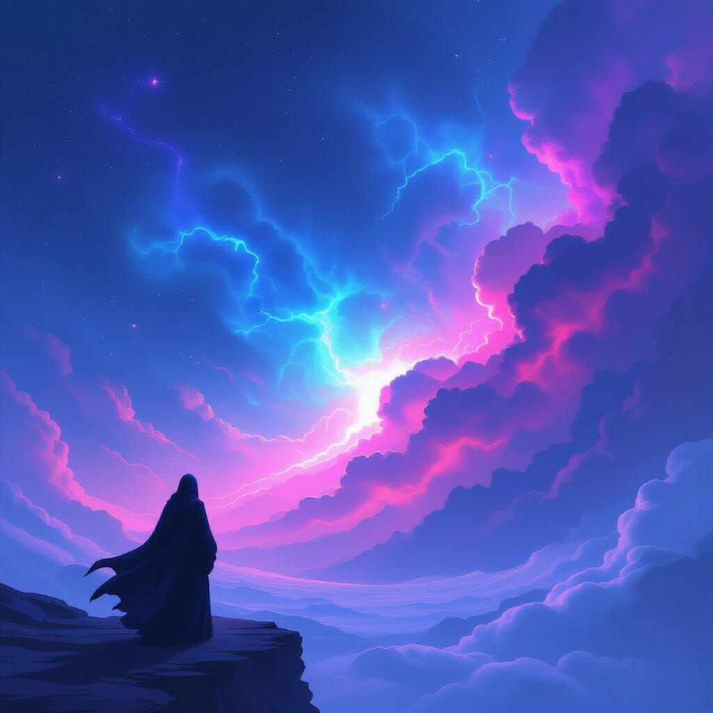 Robed Figure Facing Cosmic Nebula in Anime Style