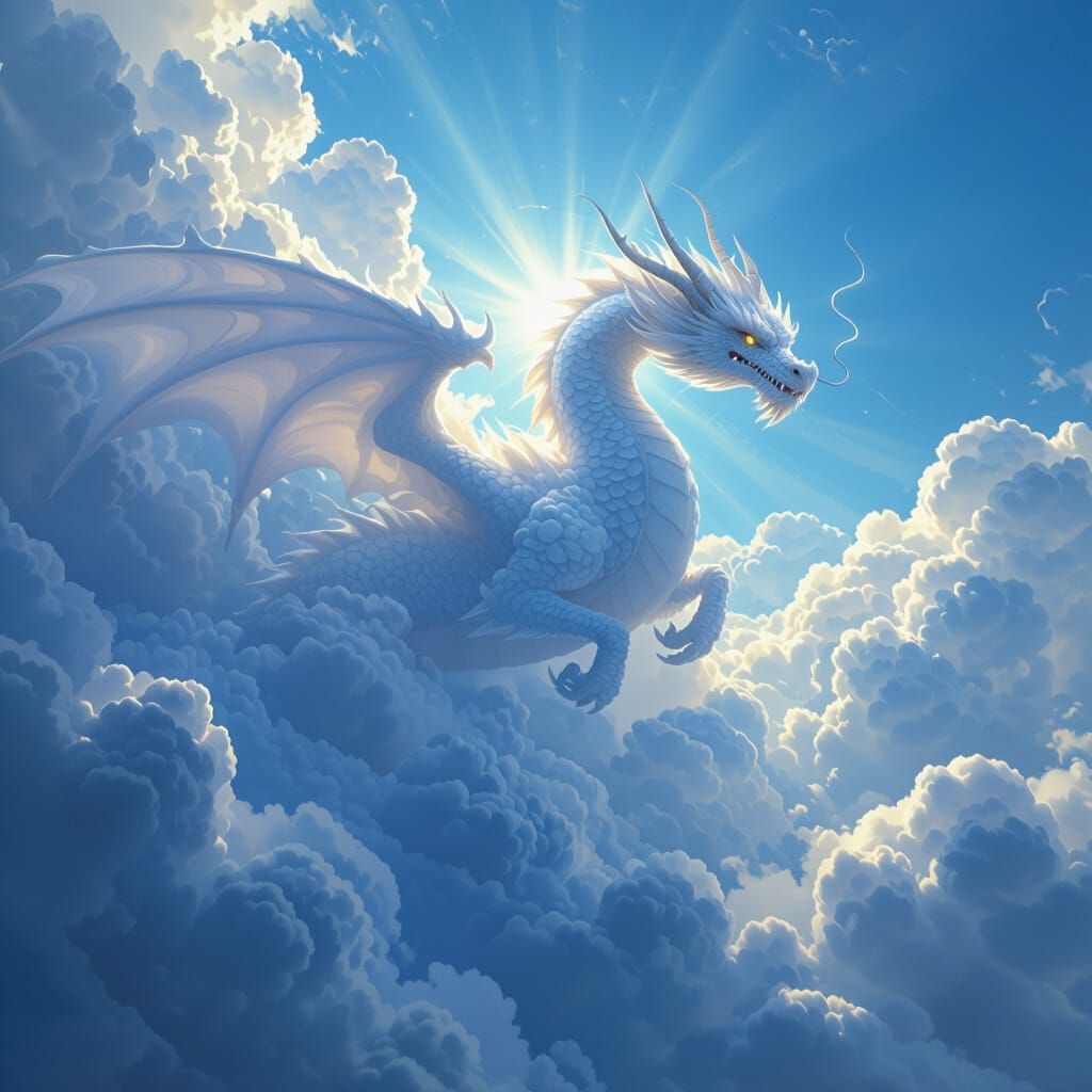 Majestic Cloud Dragon Soars in Bright Blue Sky