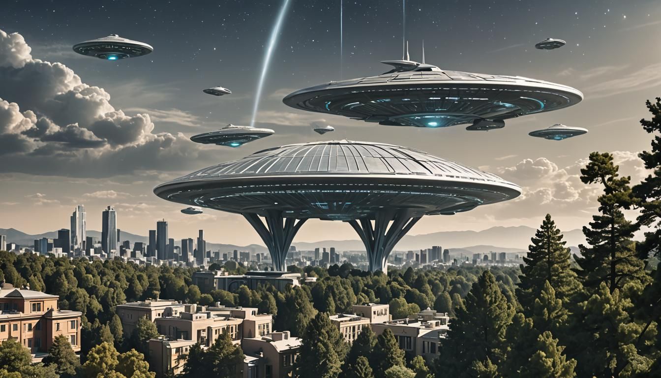 Futuristic Cityscape with UFO and Spiritual Ascension