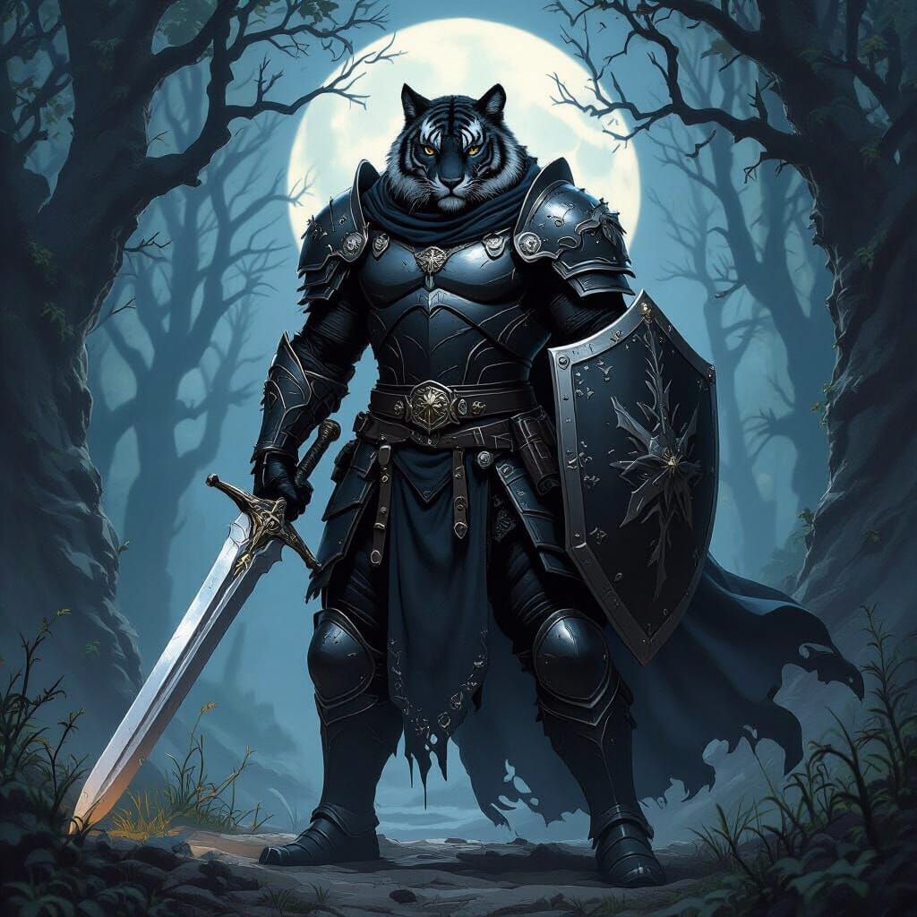 Armored Black Tiger Paladin in Moonlit Forest