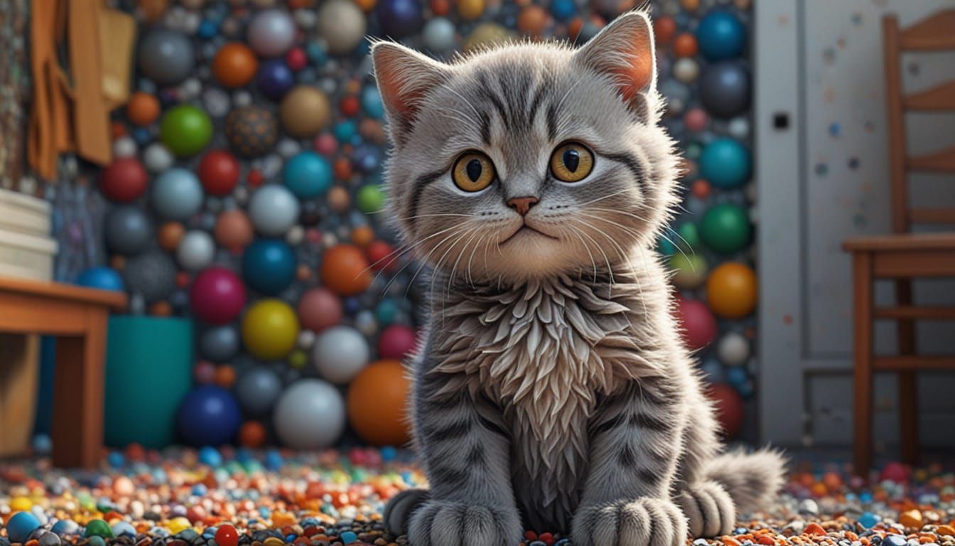 Anthropomorphic Kitten in Mosaic Dot Room Hyperrealistic Art