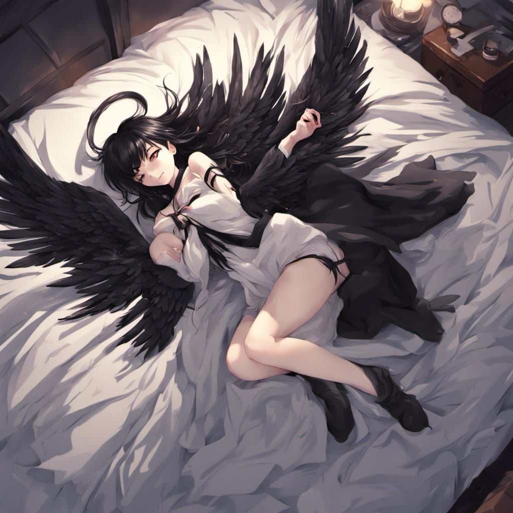Fallen Angel with Black Wings in Anime Style