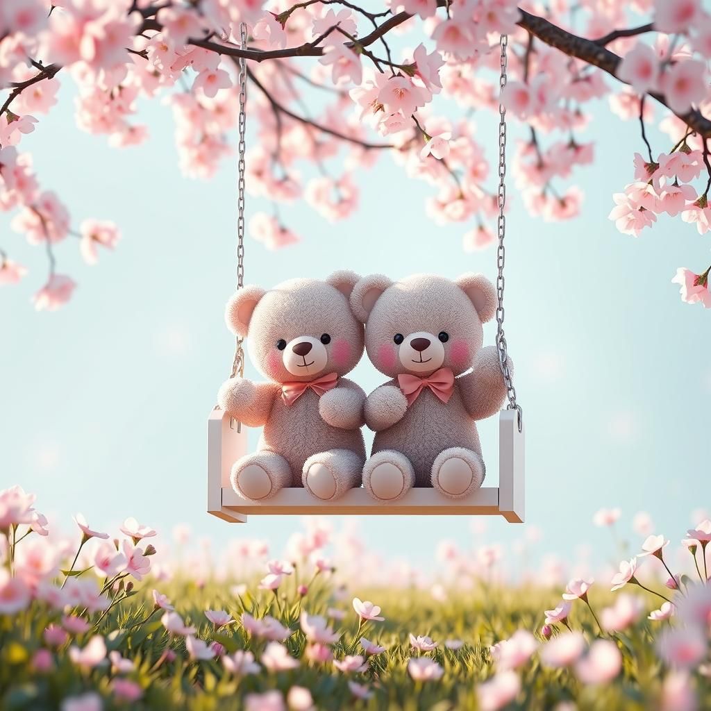 Teddy Bears Swinging in Cherry Blossom Field: 3D Anime Art