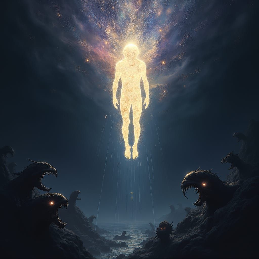 Starlight Figure Descends Into Dark Abyss With Monsters