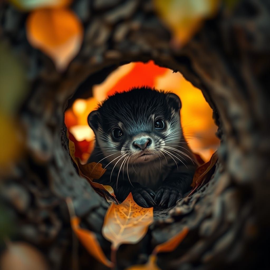 Baby Otter Peeking from Hollow Tree Trunk