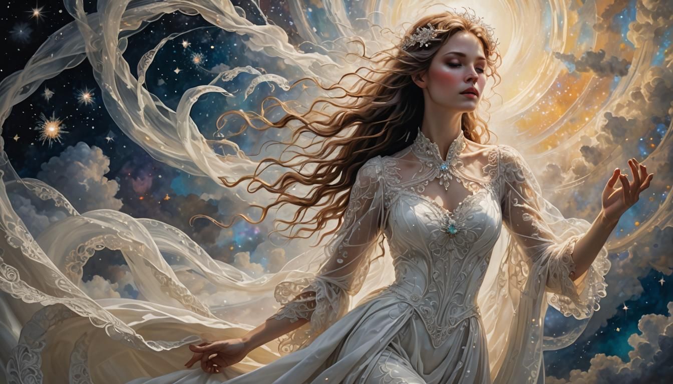 Ethereal Woman in White: Hyperrealistic Dreamscape