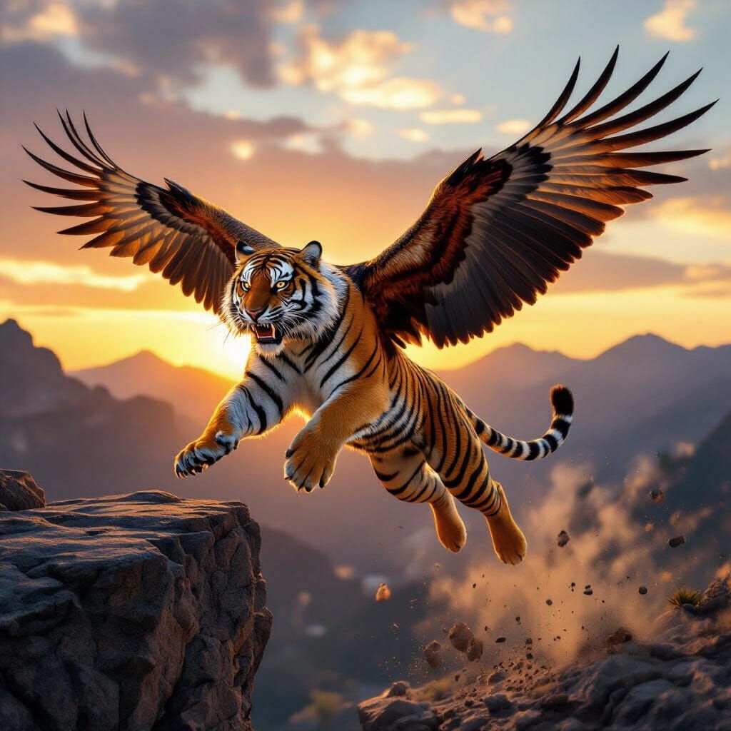 Hybrid Tiger Eagle Leaping from Cliff at Sunset