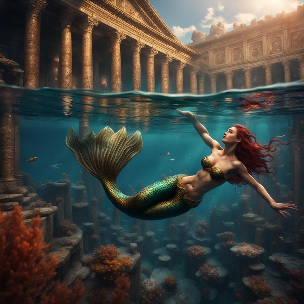 Mermaid Swimming Above Roman Mosaic in Detailed Painting